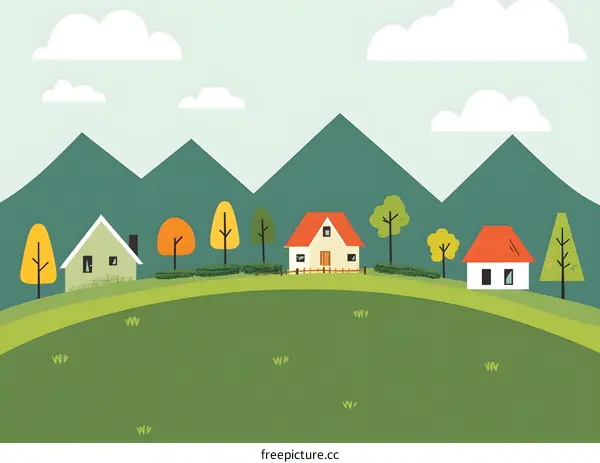 Cartoon Illustration of a Small Village in the Mountains