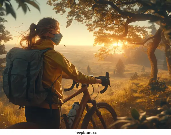 Lonely Cyclist Enjoys the Sunset in a Rural Area