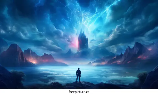 Man standing on a cliff overlooking a vast fantasy landscape with a tower in the distance