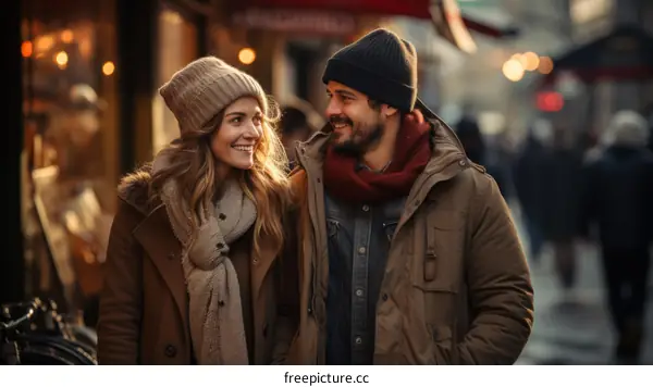 A young couple is walking down the street smiling at each other