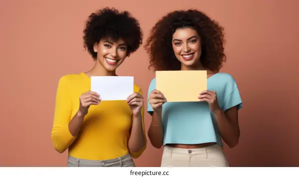 Two young African American women holding blank signs