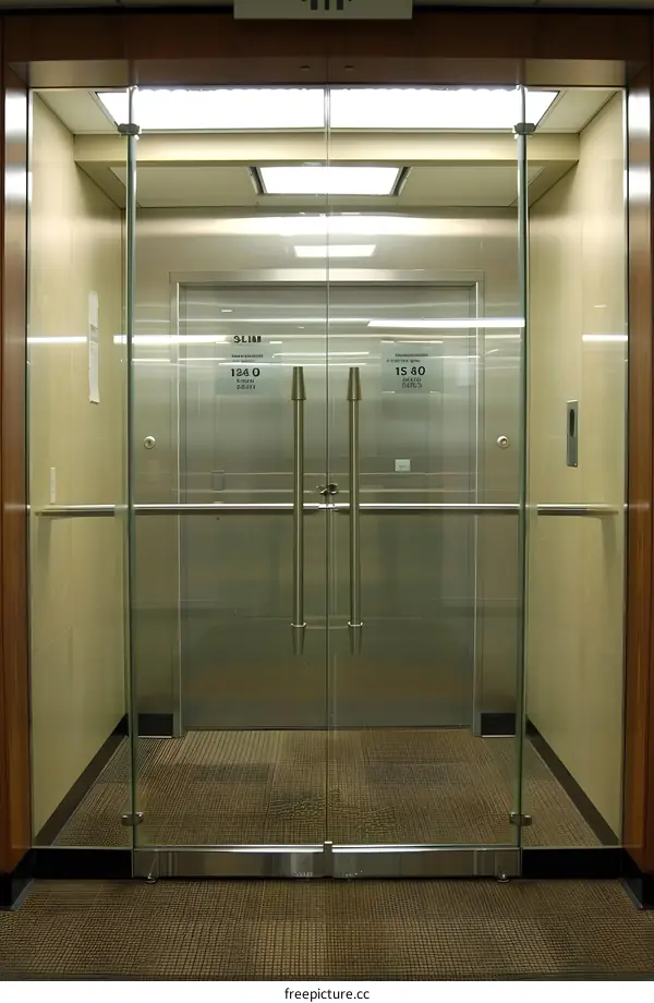 Modern Glass Doors Leading To An Elevator In Office Building
