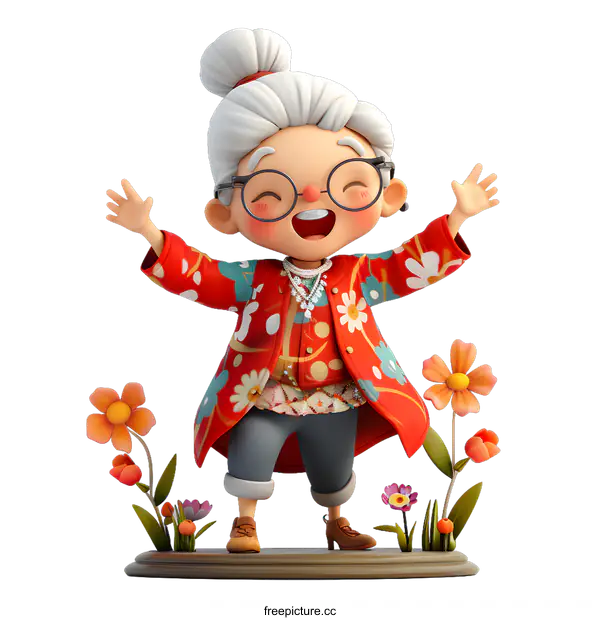[Transparent Background PNG]A grandmother with white hair and glasses is standing in a garden of flowers. She is wearing a red coat with a floral pattern and has her arms outstretched.