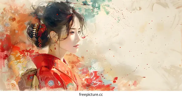 Portrait of a beautiful Asian woman in a red kimono