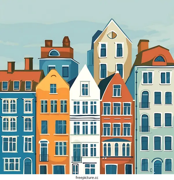Colorful Illustration of European Style Houses in a Row