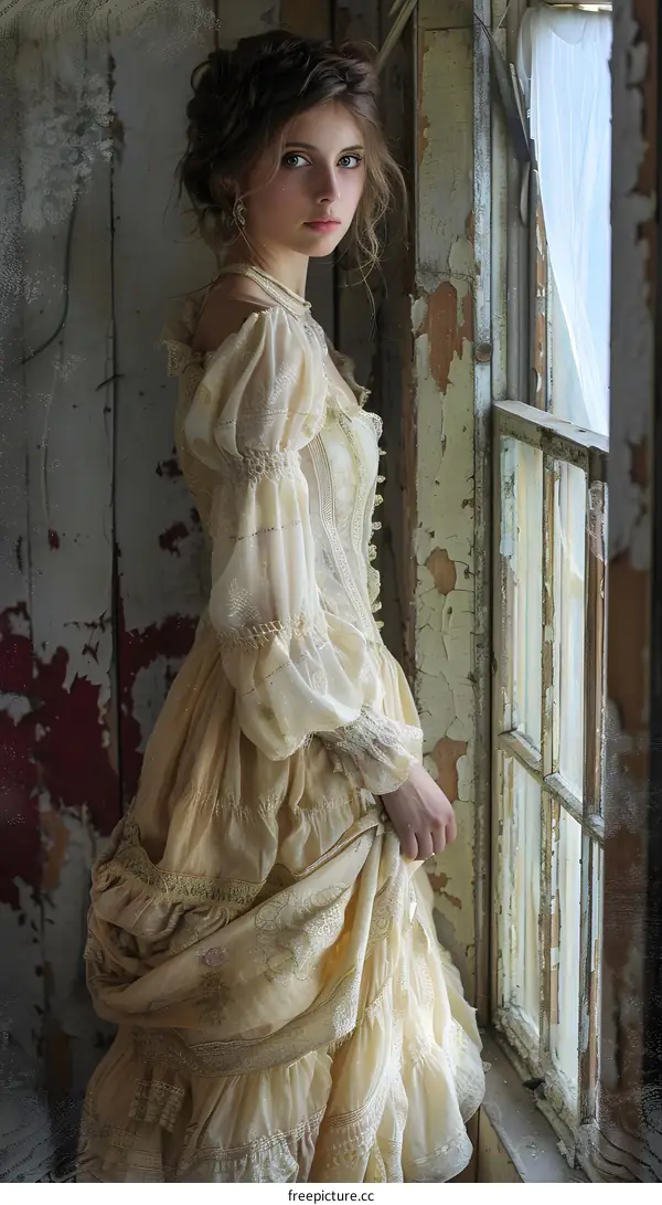 portrait of a young woman in a historical dress standing by a window