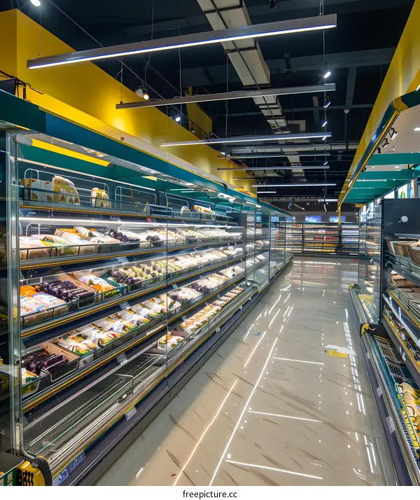 Empty Supermarket Aisle with Fresh Produce Refrigeration Unit