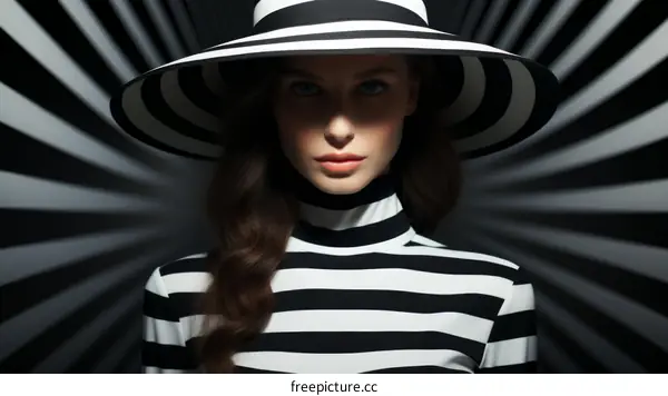 Black and white portrait of a woman wearing a hat with stripes