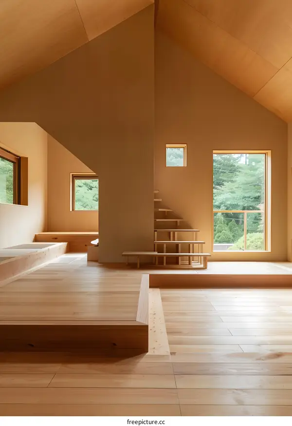 Modern Minimalist Wooden Interior Design with Staircase