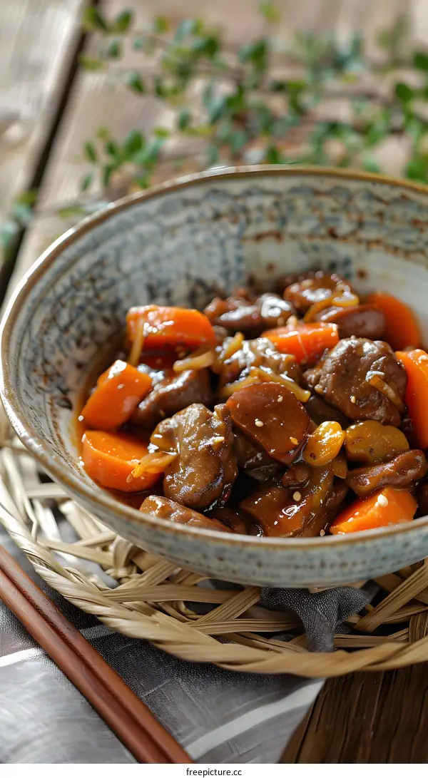 Closeup of Braised Beef with Carrots in a Bowl
