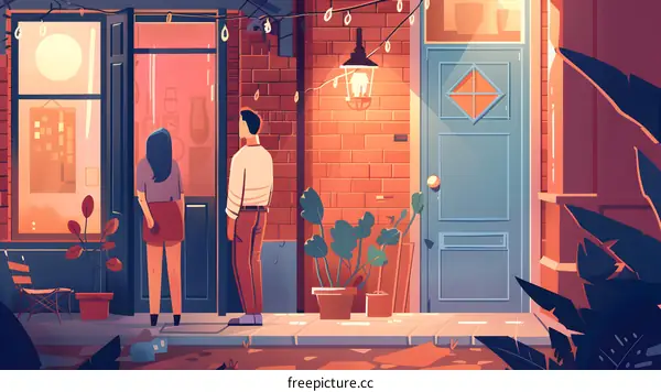 Couple Standing Outside Brick Building with Door