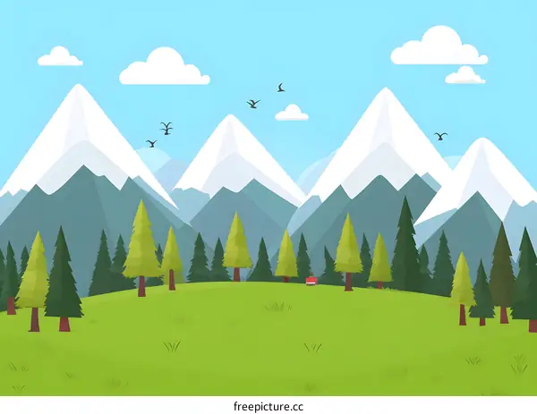 Green Grass Meadow With Mountains And Trees Illustration