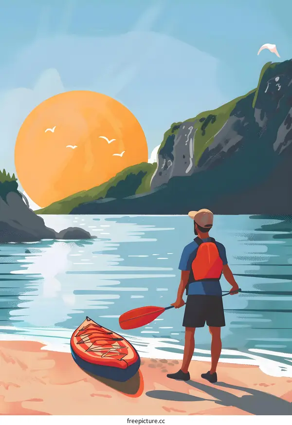 Man kayaking at sunset with mountains in background