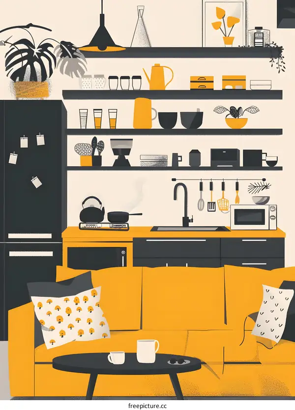 Modern Minimalist Kitchen Illustration With Yellow Sofa