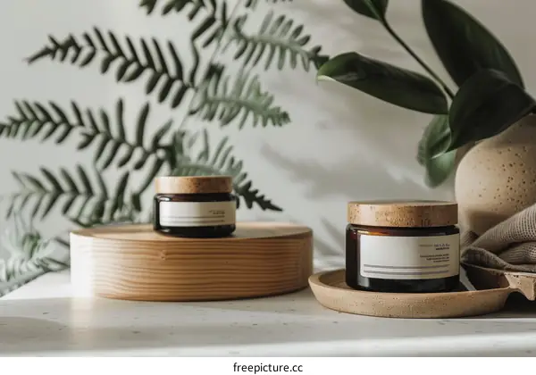 Natural Skincare Products on Wood with Green Foliage Background