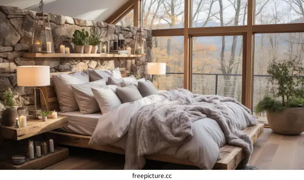 cozy bedroom with a stone accent wall and large windows