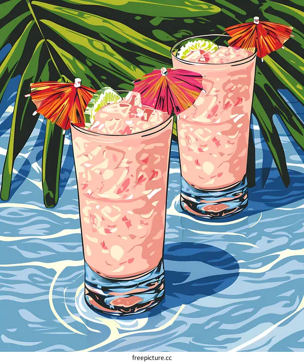 Two Pink Cocktails with Umbrellas on a Tropical Background