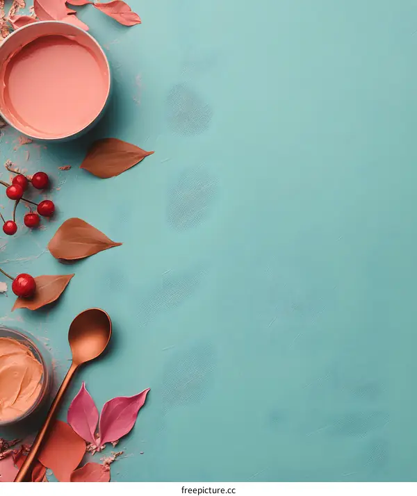 Autumn Leaves with Beauty Products on Blue Background