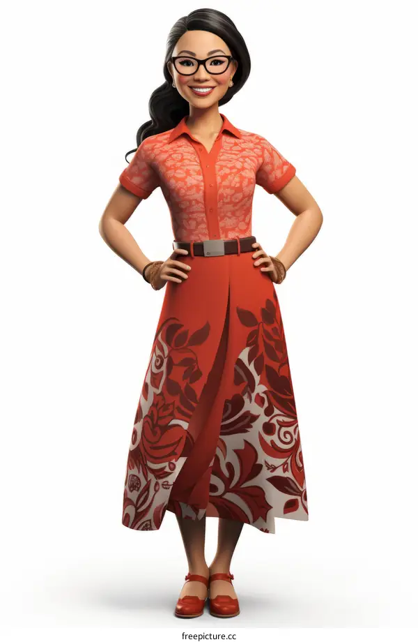 An illustration of a young woman wearing a red and white dress