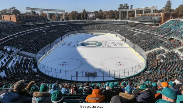 Fans watch a hockey game at an outdoor stadium