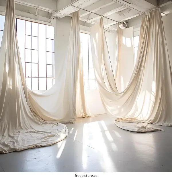 White Fabric Draped Across Large Windows in Empty Room