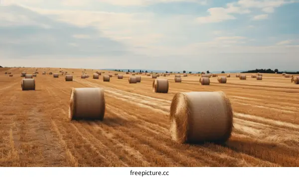Field of Hay Rolls Underneath a Sunny Sky with Blue and White Clouds