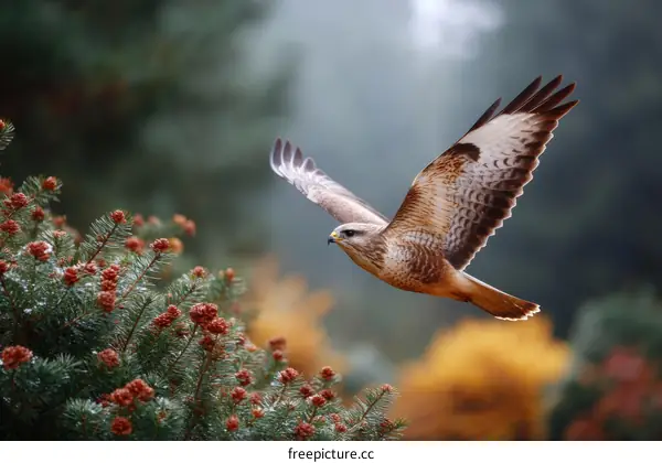 Majestic Bird of Prey in Flight Amidst Autumn Trees