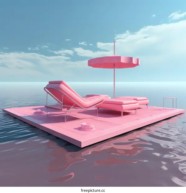 Floating pink platform with lounge chair and parasol on water