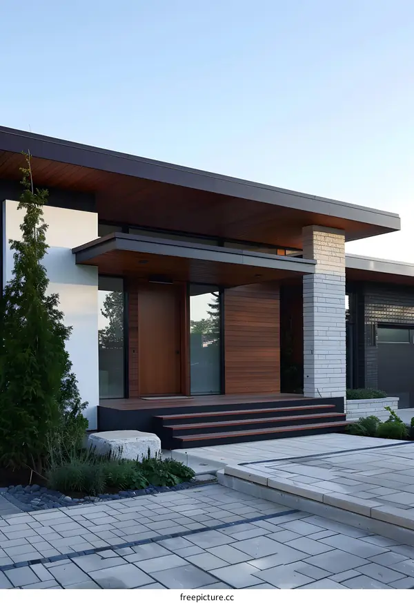Modern Home Exterior With Wooden Accents and Stone Pillars
