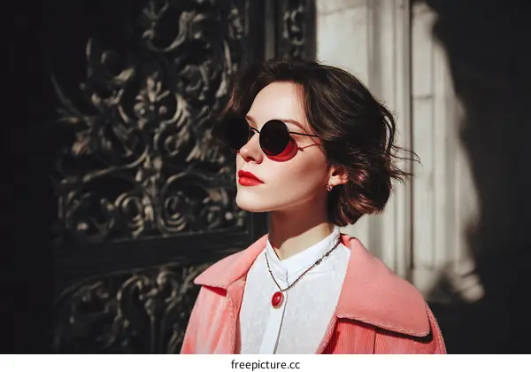 Stylish young woman wearing pink coat and sunglasses standing outdoors