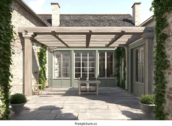 Stone Patio with Pergola and Green Doors