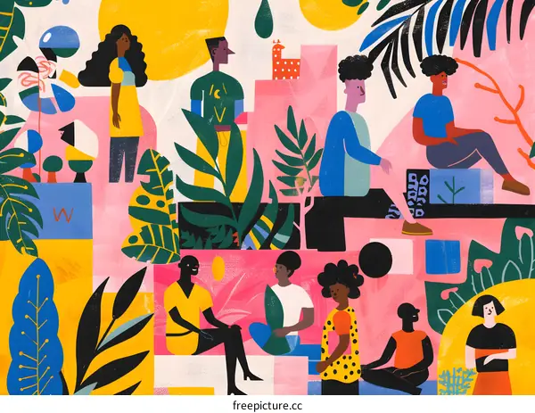 Group of People Surrounded by Plants and Geometric Shapes