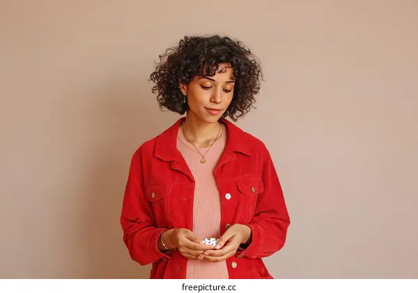 Woman Holding Small White Objects Against a Beige Background