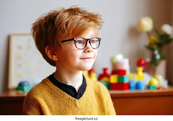 Thoughtful Boy in Glasses with Toys in Background