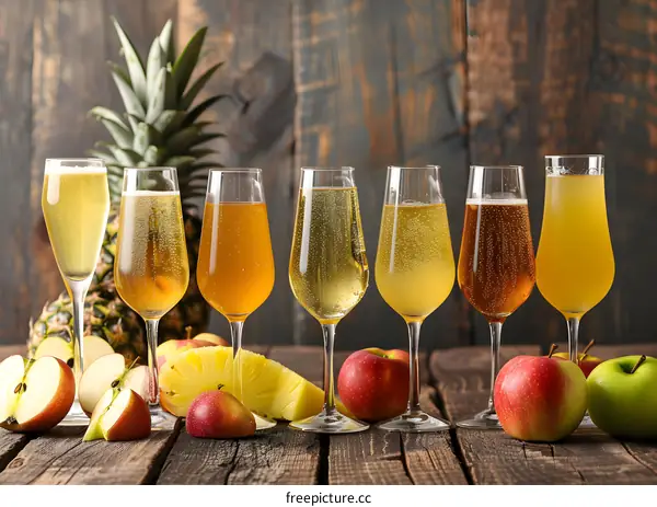 Assortment of Sparkling Cider Drinks with Pineapple and Apples on a Wooden Background