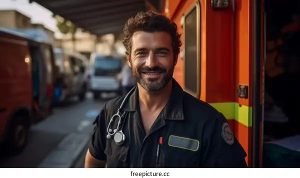 Portrait of a smiling male paramedic in uniform standing in front of an ambulance