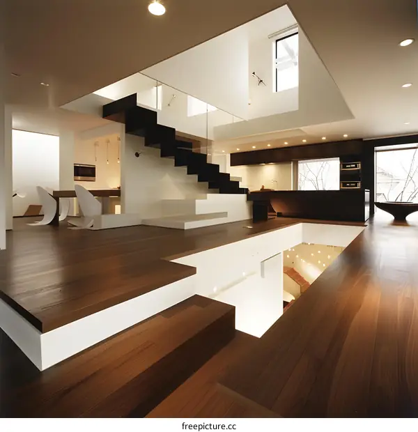 Modern House Interior Design With Black Stairs And Wooden Floor