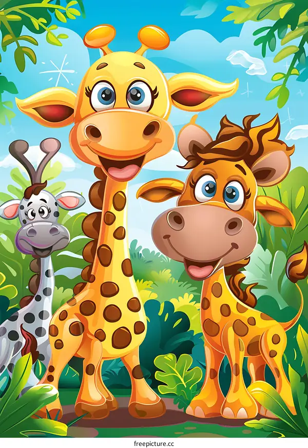 Three Cute Giraffes In The Jungle