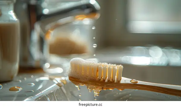 Close-up of a wet bamboo toothbrush with toothpaste foam on the bristles