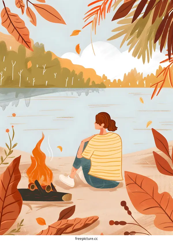 Autumn Leaves by the Lake, Woman Relaxing by the Fire
