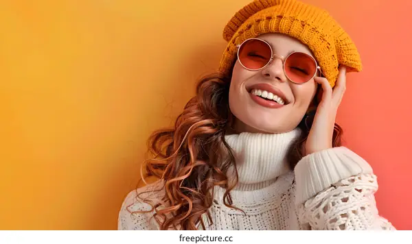 Smiling Woman In Yellow Knitted Beanie And Sunglasses