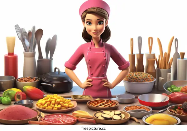 A female chef standing in a kitchen with a variety of food items on the counter in front of her, including fruits, vegetables, and meats