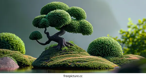 Bonsai tree in a pot with green leaves and a small pond