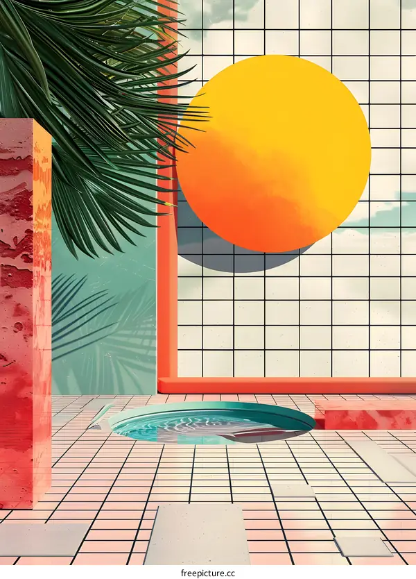 Geometric Abstract Summer Background with Palm Tree and Pool