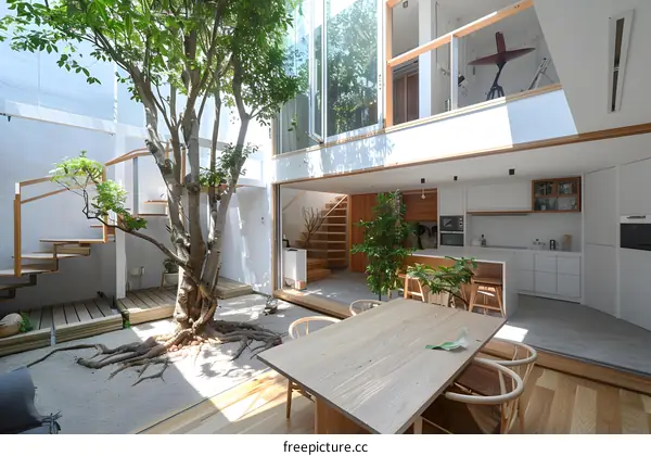 Modern Minimalist Interior Design with Tree in Courtyard
