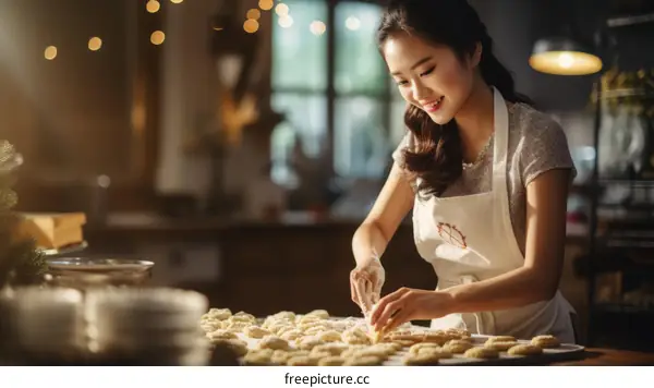 A young woman in an apron is making cookies in the kitchen.