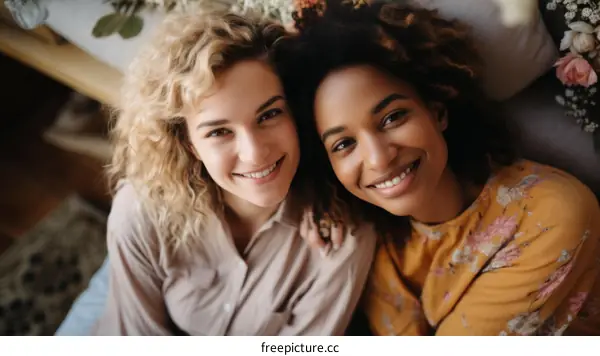 Portrait of two young multiethnic women smiling and embracing each other