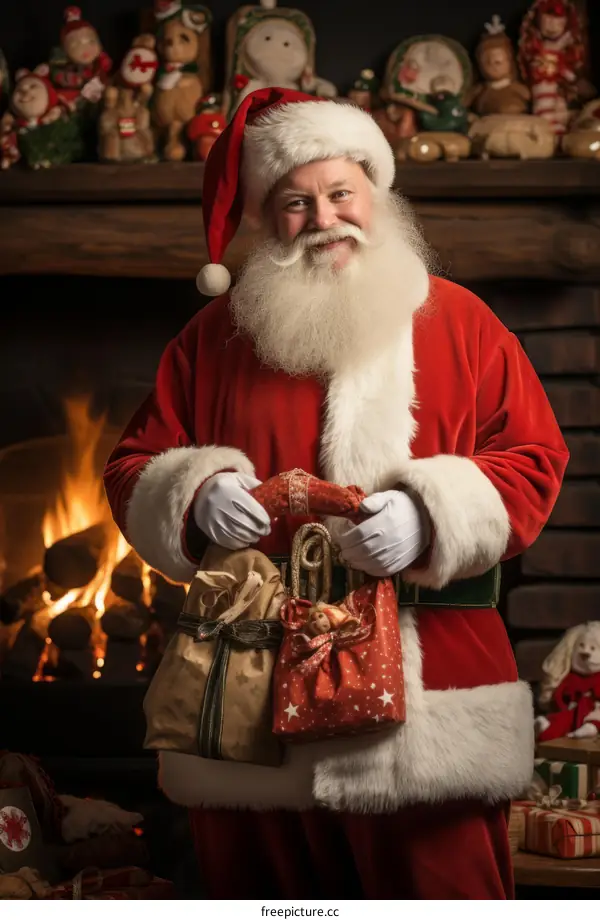Santa Claus in front of a fireplace
