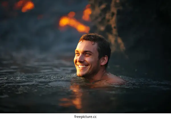 Man Swimming in Hot Springs with Volcanic Background