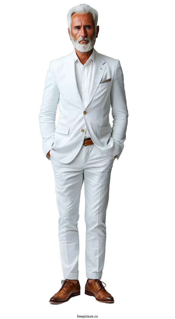 [Transparent Background PNG]Portrait of a Man in a White Suit Standing Against a Grey Background
